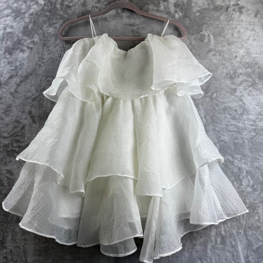 American Threads Dress Women Medium White Ruffle Tiered Organza ID6272 (1776)